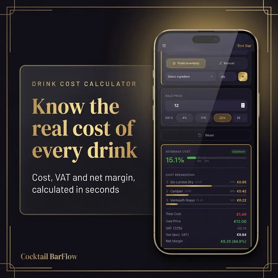 Drink Cost Calculator — feature overview · Cocktail BarFlow, bar management app for bartenders