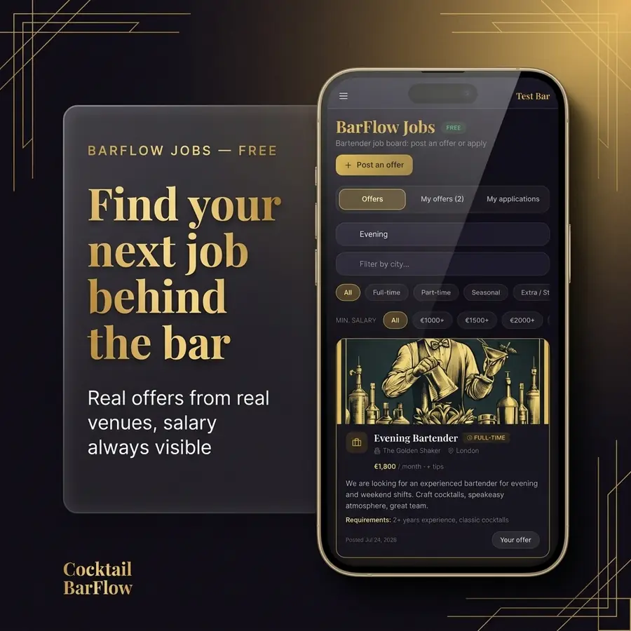 Bartender Jobs — feature overview · Cocktail BarFlow, bar management app for bartenders