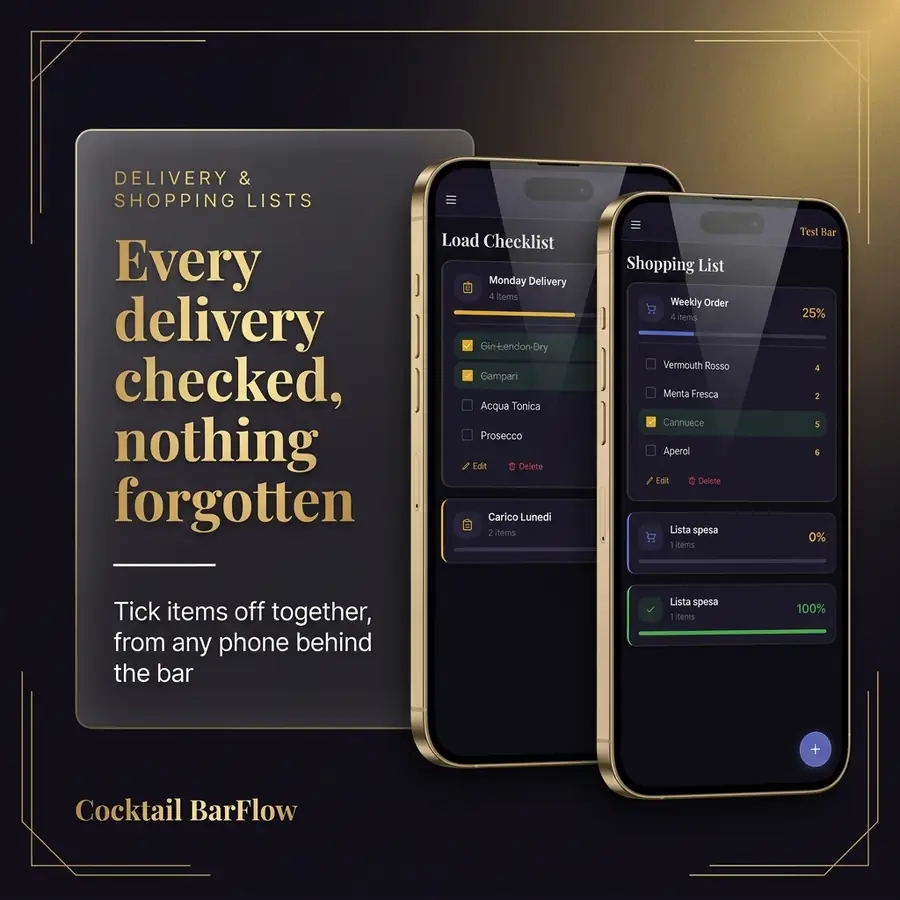 Load Checklist — feature overview · Cocktail BarFlow, bar management app for bartenders