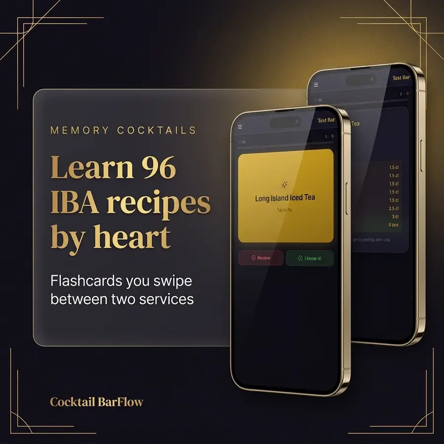 Cocktail Memory Game — feature overview · Cocktail BarFlow, bar management app for bartenders