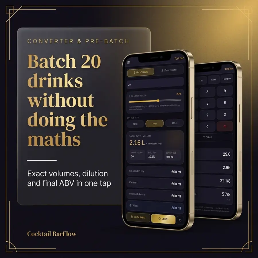 Converter & Pre-Batch — feature overview · Cocktail BarFlow, bar management app for bartenders