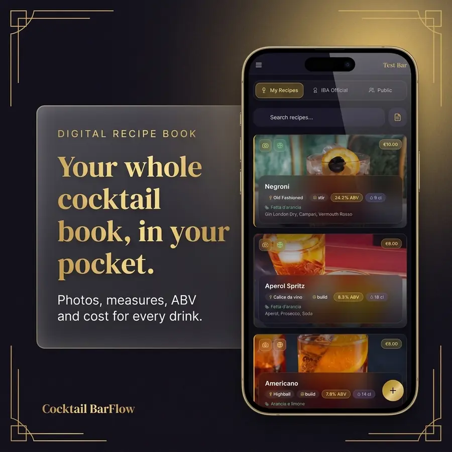 Cocktail Recipes — feature overview · Cocktail BarFlow, bar management app for bartenders